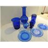 Image 2 : LOT 9 COBALT BLUE GLASS PLATES, VASES, CANNISTER