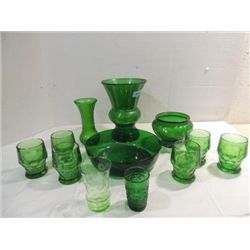 LOT 12 EMERALD GREEN GLASS VASES, 7 GLASSES, BOWLS