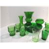 Image 2 : LOT 12 EMERALD GREEN GLASS VASES, 7 GLASSES, BOWLS