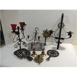 LOT 9 VINTAGE WROUGHT IRON CANDLE HOLDERS, TRIVETS