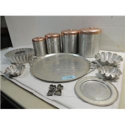 LOT 6 VINTAGE ALUMINUM ITEMS: 4 NESTED CANNISTER,