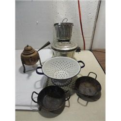 LOT 5 VINTAGE METAL ITEMS: ENAMAL COLANDER, 2