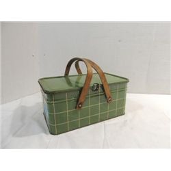 VINTAGE PRESSED METAL WOOD HANDLE BASKET FULL OF