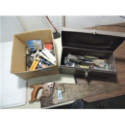 LARGE GROUP OF HAND TOOLS: CROSS CUT SAW, TOOL BOX