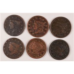 6 DIFFERENT LARGE CENTS AVG. CIRC. 1833, 35, 43, 25, 46 SMALL DT, 49