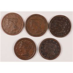 5 DIFFERENT BRAIDED HAIR LARGE CENTS 1843, 40, 46, 48, 53