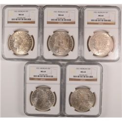 LOT OF 5 1921 MORGAN DOLLARS NGC MS-64