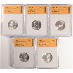 5 SLABBED WASHINGTON QUARTERS "SILVER (60,61,62,63,64) SGS MS70