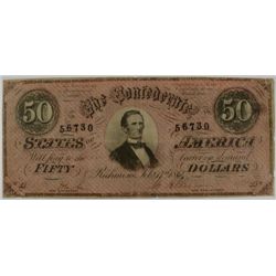 1864 $50 CONFEDERATE STATES OF AMERICA NOTE FINE
