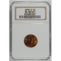 1938-S LINCOLN CENT NGC MS66 RD