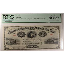 1873 $2 CHARLOTTE, COLUMBIA & AUGUSTA RAILROAD NOTE PCGS 65 PPQ