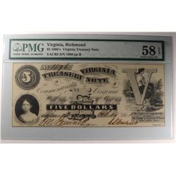 1861 $5 VIRGINA TREASURY NOTE PMG 58 EPQ