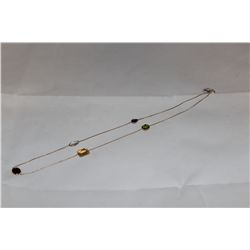 STAMPED 14KT LADIES MULTI-COLOURED BEZEL SET AND CURB LINK HAND FASHIONED, NECKLACE.  SET WITH FIVE