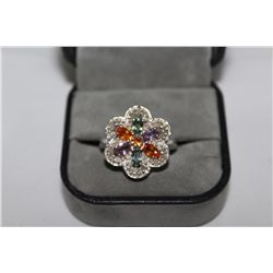 STERLING SILVER SAPPHIRE DIAMOND RING. STAMPED 925. GEMSTONE: NATURAL SAPPHIRE 2.80 CARAT AND