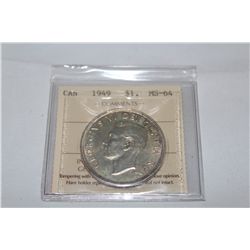 1949 CANADIAN SILVER DOLLAR ICCS GRADED MS-64