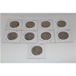 1958-1966 CANADIAN HALF DOLLARS. 9 COINS TOTAL