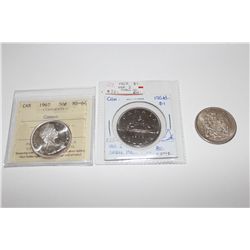 1967 CANADIAN 50 CENT PIECE, ICCS GRADED MS-64 AND 1968 CANADIAN $1 COIN AND 1964 CANADIAN 50 CENT