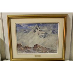 WILL OGILVIE 28 X 21 ORIGINAL WATERCOLOUR, "MOUNTAIN PEAK ABOVE SALMON GLACIER" DATED 1957.