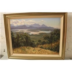 DAVID BABCOCK  30" X 40"  OIL ON CANVAS, "UNTITLED- TREE COVERED ISLANDS IN THE DISTANCE" DATED