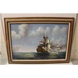 J. HARVEY 24" X 36"  OIL ON CANVAS, "UNTITLED- FRENCH FLAG TALL SHIP"