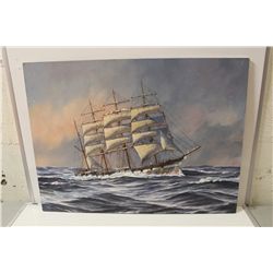 DALE BYHRE, 30" X "40 UNFRAMED ACRYLIC ON CANVAS. "THE ROSS-SHIRE IN A CYCLONE" TALL SHIP