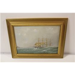 UNSIGNED SHIP AT SEA, OIL ON BOARD 12" X 18"