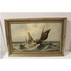 OIL ON CANVAS, FISHERMAN AT SEA, SIGNED "V. PELMAR" (?) LOWER RIGHT, 20" X 32"