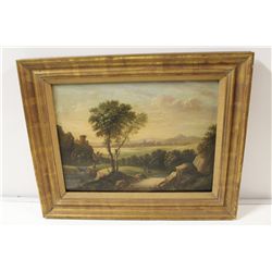 OIL ON PANEL (CIRCA 1780) FISHING ON THE RIVER 12" X 16"