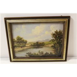 UNSIGNED (ENGLISH, CIRCA 1840) OIL ON BOARD. LANDSCAPE WITH FIGURE AND POND