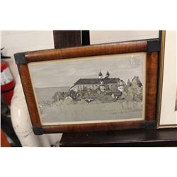 UNSIGNED, SKETCH OF HISTORICAL BUILDING. INK HIGHLIGHTED WITH GUACHE ON PAPER, INDISTINCTLY SIGNED