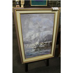 UNDETERMINABLE SIGNATURE, OIL ON CANVAS, BOATS IN PORT 24" X 36"