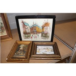 LOT OF 3 SMALL PRINT AND PAINTINGS. SIGNED  HILL  ONE POST CARD SIZE PRINT, CLARENCE GAGNON, RCA