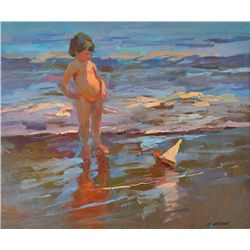 Dan McCaw-Little Child and Toy Boat at Beach