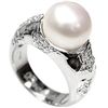 Image 1 : Satin White 12mm Cultural Pearl & Diamond Silver Ring