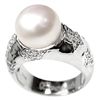 Image 2 : Satin White 12mm Cultural Pearl & Diamond Silver Ring