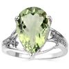Image 1 : Pear 10x15mm/5CT Green Amethyst & Diamond Silver Ring