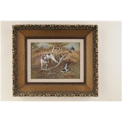 Fine original oil painting on artist board signed lower right Coreal showing hunting dogs flushing g