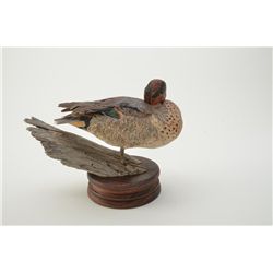 Excellent carved green wing teal wood carving on stand by Greg Woodward two time world champion and 