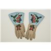 Image 2 : Pair of ornate beaded riding gauntlets on doe skin with large floral pattern bead work on turquoise 