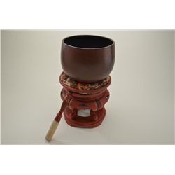 Japanese Temple gong made of bronze on its original lacquer stand with silkpillow. Bronze gong is ha