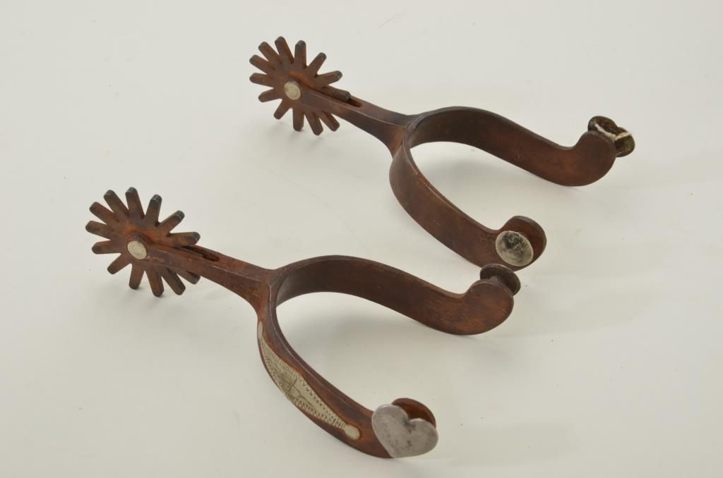 Crockett marked classic Western spurs with silver overlay, heart