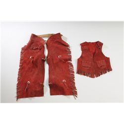 Red dyed leather girl’s vest and chaps circa 1930s to 1950s about size 6 showing fancy studs and nic