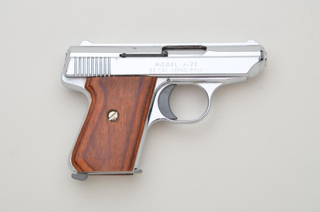 Jennings Model J22 semiauto pistol, .22LR cal., chrome finish, wood