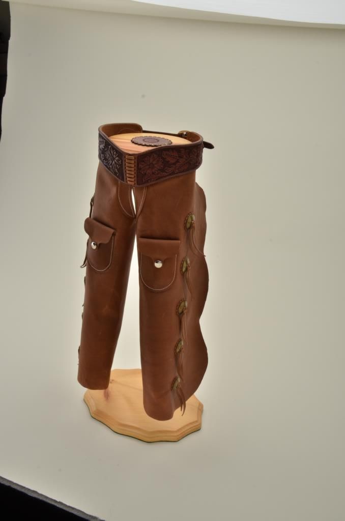 Miniature chaps made for display by Casey Jordan measuring