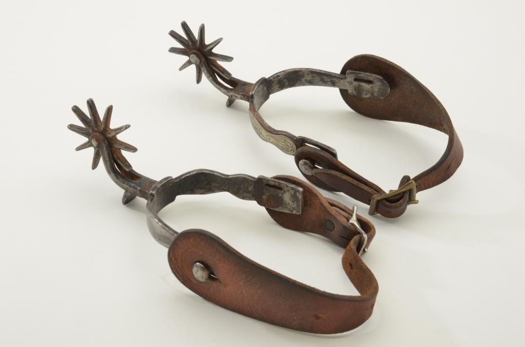 Buermann drop shank classic Western spurs showing use and light cleaning long ago with silver inlay