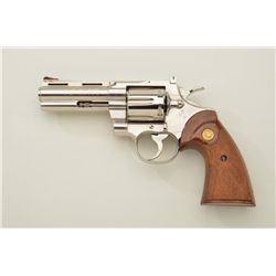 Colt Python double action revolver in .357 Magnum caliber with 4” barrel and factory nickel finish, 