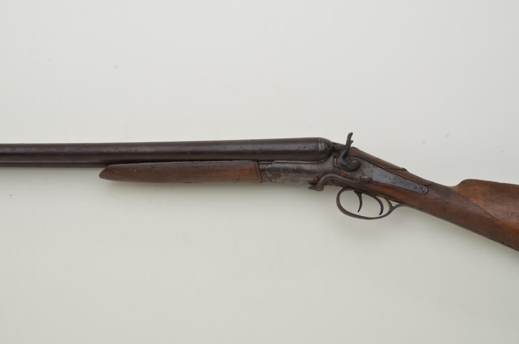 Barker 12 gauge double barrel exposed hammer shotgun of the type sold