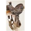 Image 2 : Child’s loop seat leather saddle with wooden stirrups, unmarked in overall very good condition; simp