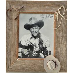 Barnwood framed photo of Roy Rogers 15-1/2” x 13-1/2” overall, signed at the top “Happy Trails, Roy 