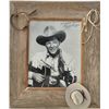 Image 1 : Barnwood framed photo of Roy Rogers 15-1/2” x 13-1/2” overall, signed at the top “Happy Trails, Roy 